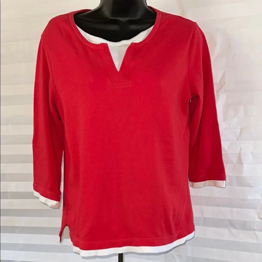 Coldwater Creek Women’s Red Cotton Top Small 3/4 Sleeve Casual Shirt